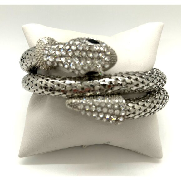 Silver Snake Memory Wire Bracelet Clear Rhinestones & Black Eyes Adjustable - Picture 4 of 11